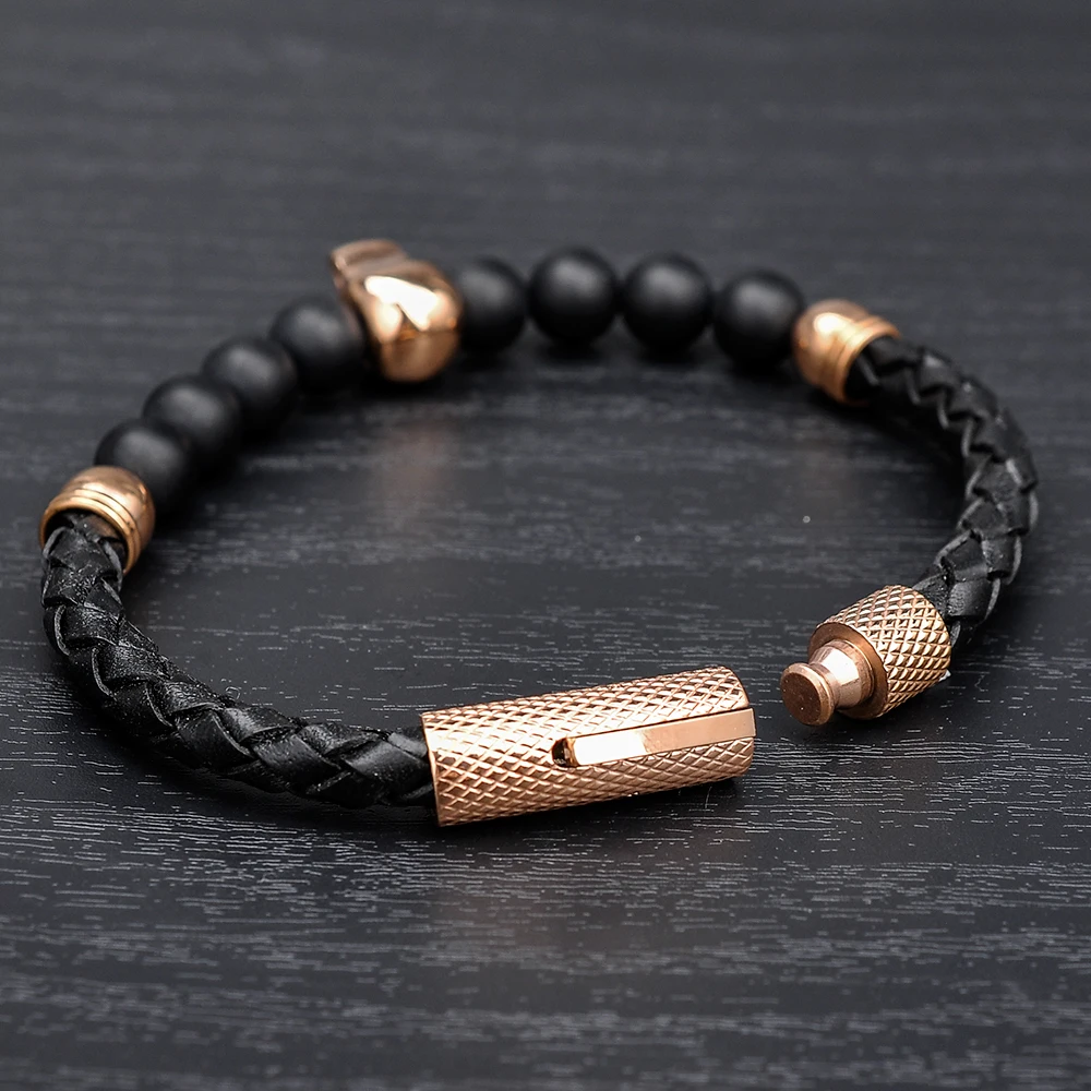 Fashion Tiger Eye Stone Bead Gold Skull Charm Leather Bracelet For Men,Mens Bracelets Skull Jewelry