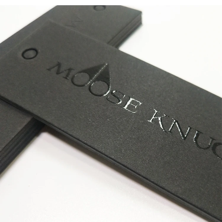 

Custom black gloss logo paper hang tags, UV clothing swing tag, Choice from pantone chart or four color (cmyk) process
