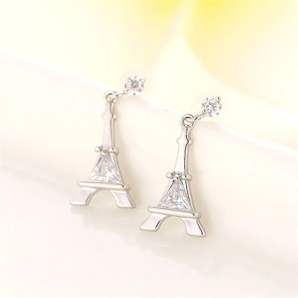 

New 925 Sterling Silver Earrings Jewelry Fashion Cubic Zircon Stud The Eiffel Tower Shape Earrings