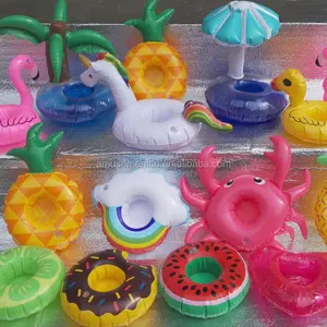 Image of 12pcs MOQ Mixed Design Inflatable Fruit Flamingo Unicorn Donut Swan Pool Floating Drinks Beer Can Holders