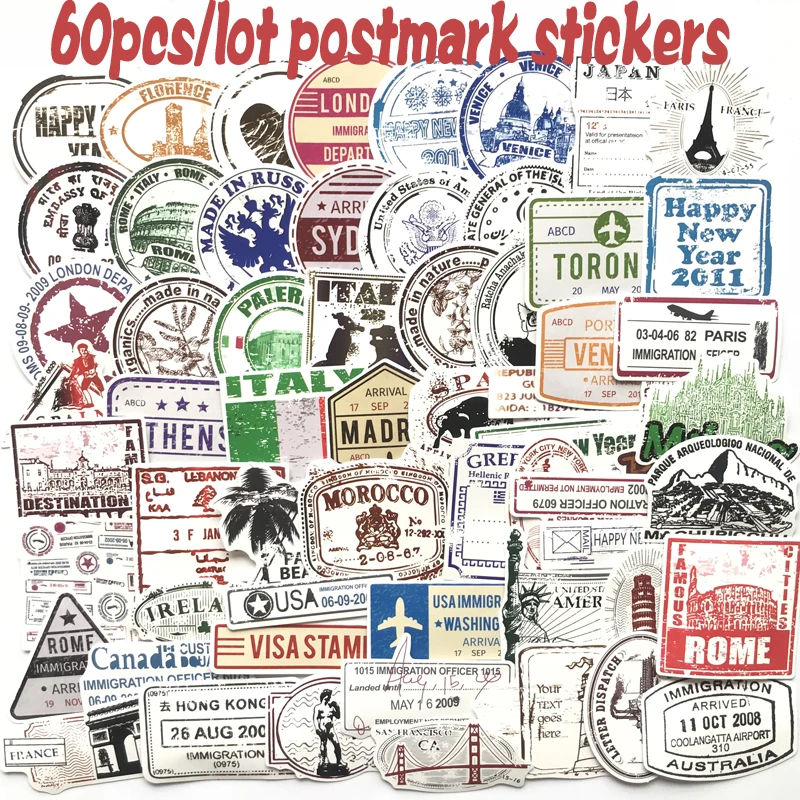 
60 sheets / bag Vintage Stamps Decorative Waterproof Vinyl Stickers Decal for Suitcase Skateboard Travel CASE 