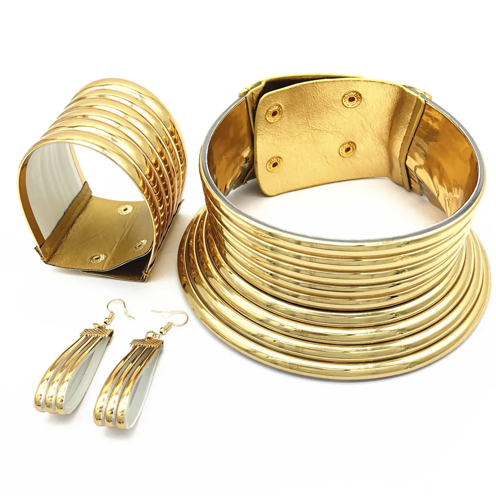 

African Style Collar Gold Jewelry Set Layered Choker Earring Bracelets Women 2019 Gold Jewelry, As picture or customize