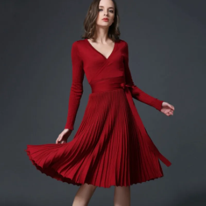 

7Color Fashion Sexy Slim Fit Long Sleeve V Neck Knit Dress Autumn Ladies Pleated Dresses Midi E881, N/a