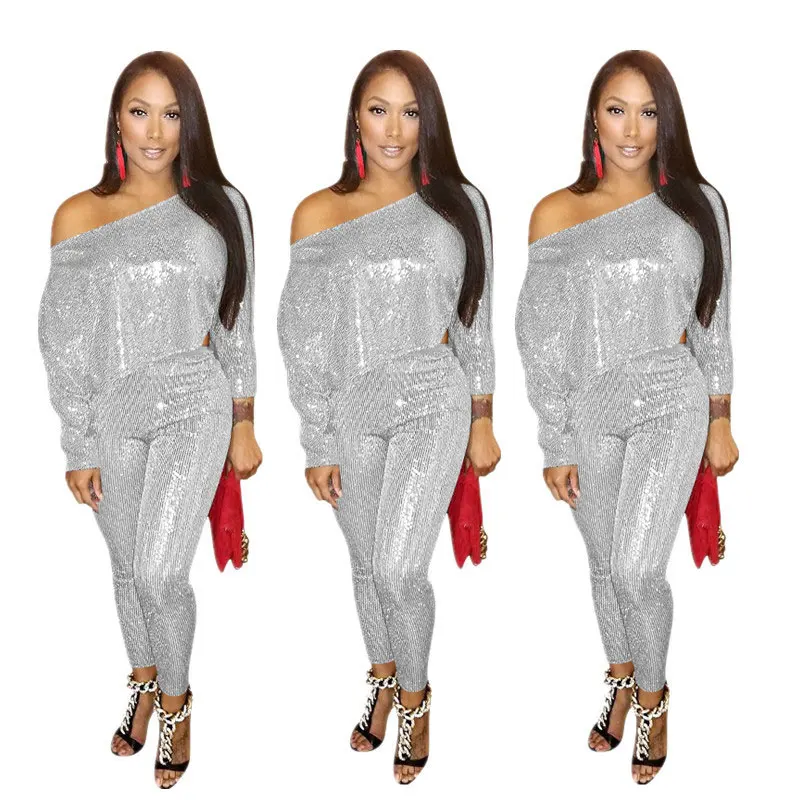 

90320-MX90 Sexy One Shoulder Silvery Sequined Jumpsuits For Ladies