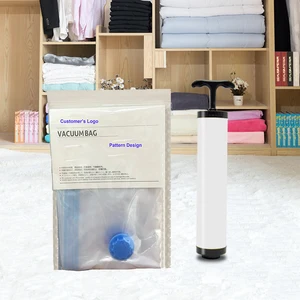 Image of space compressed storage bag for quilts vacuum bag set with pump