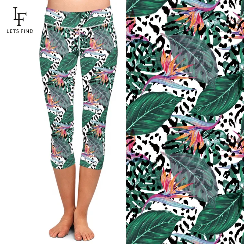 

Tropical floral patterns printed milk silk custom sublimation high waist women capri fitness leggings, N/a