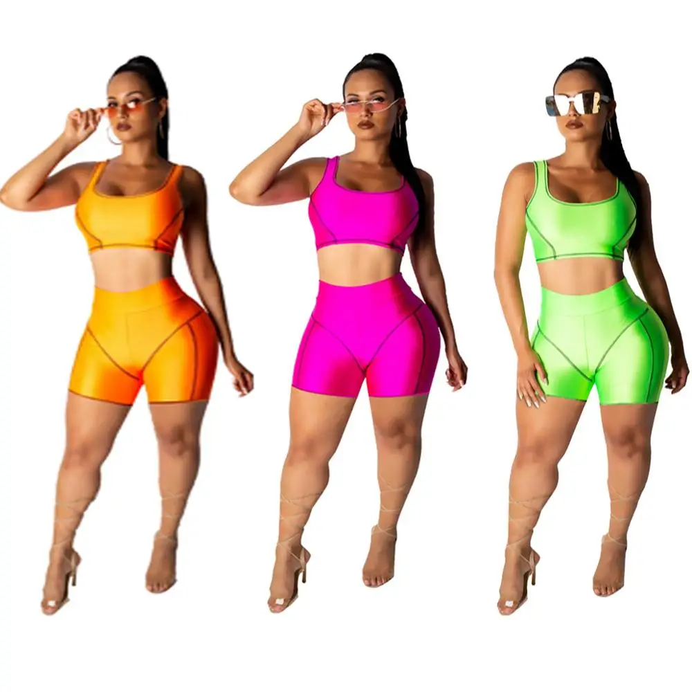 

XXL 2 Piece Set Women Neon Crop Tops And Biker Shorts Sweat Suits Sexy Club Outfits Casual Tracksuit Matching Sets Y11710, N/a