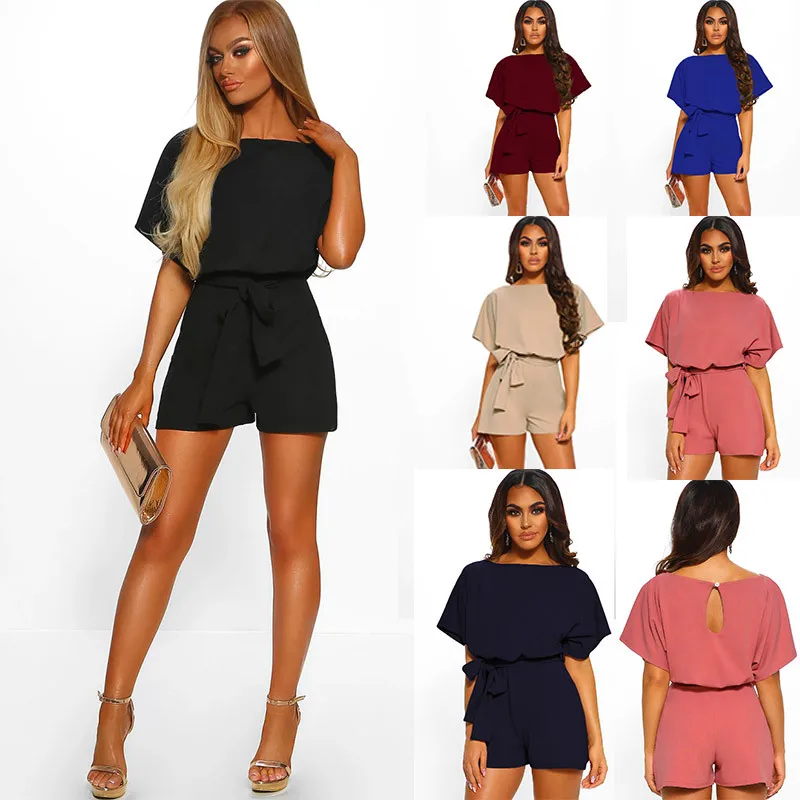 

Wholesale Cheap Price Women Summer Jumpsuit Fashion Short Sleeve Shorts Jumpsuits, Khaki, black, burgundy, royal blue, peach, navy blue