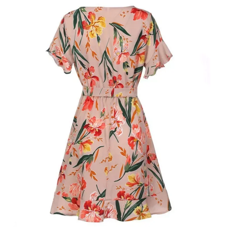 

ORHYME New Lotus Leaf Side V Collar Printing Short Sleeve Dress