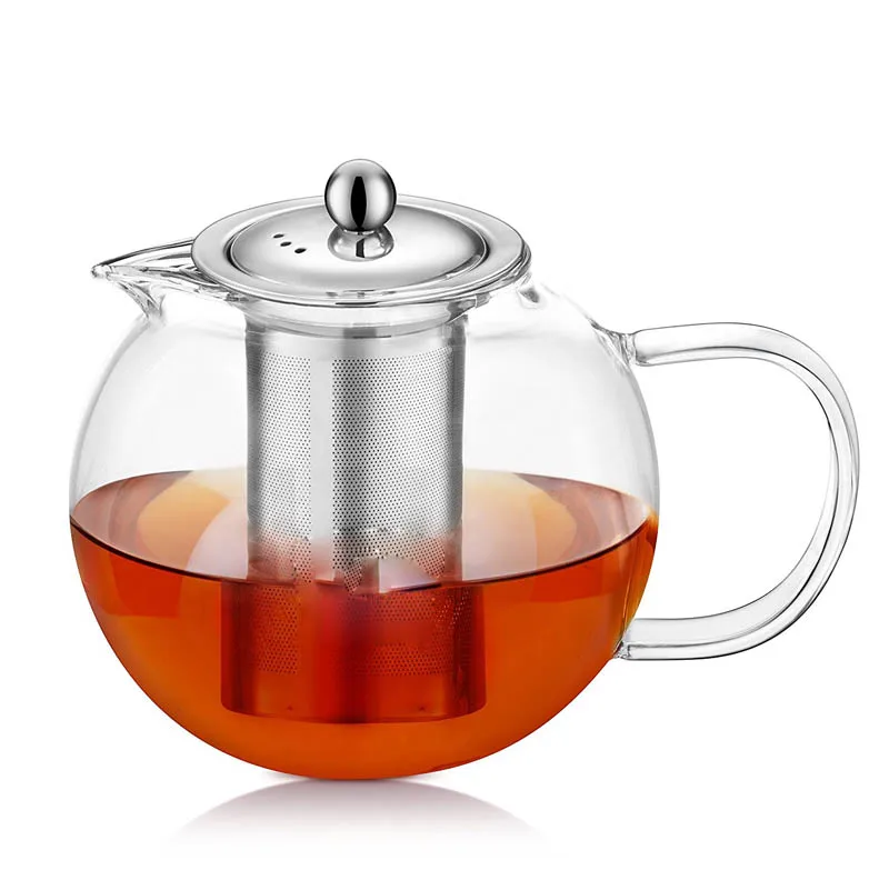 

800ml Kitchen Pyrex Handblown Custom Round Glass Teapot With Stainless Steel Infuser, Clear transparent