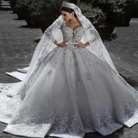 

2020 Arabic Long Sleeve Ball Gown Wedding Dresses Lace Appliques Bridal Gowns