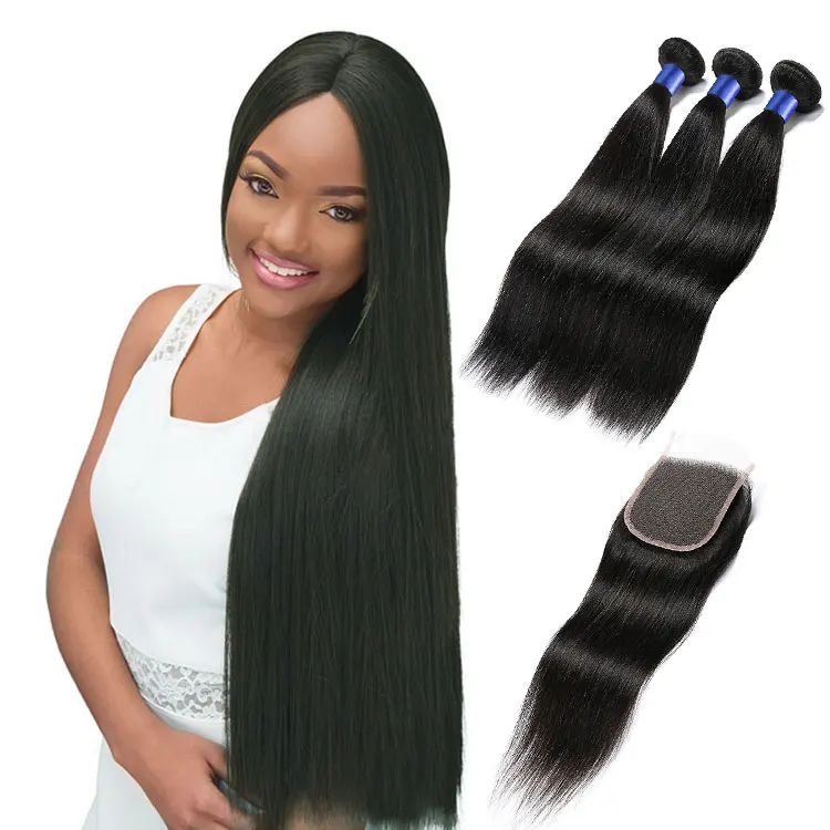 

Different Style Available 100% Human Brazilian 3pcs Hair Bundles plus Closure, #1b or as your choice