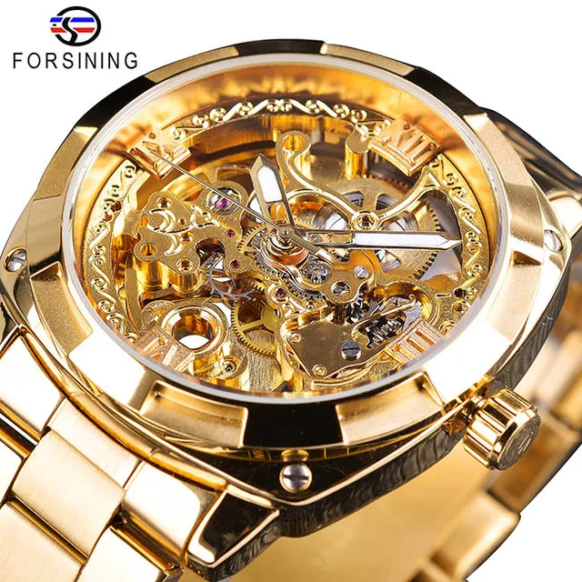 

Forsining Watch Fashion Retro Men's Automatic Mechanical Watch Top Brand Luxury Full Golden Design Luminous Hands Skeleton Clock, 3 colors