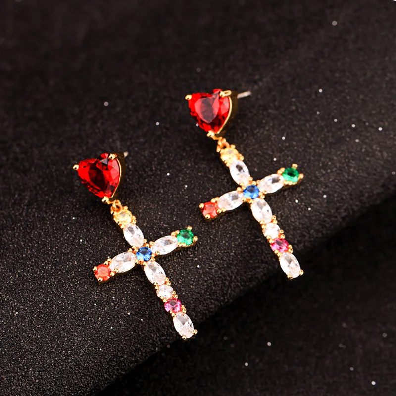 

me00229 Ruby Heart Zircon Charm Cross Earrings 925 Silver Post Stud Earrings, Gold
