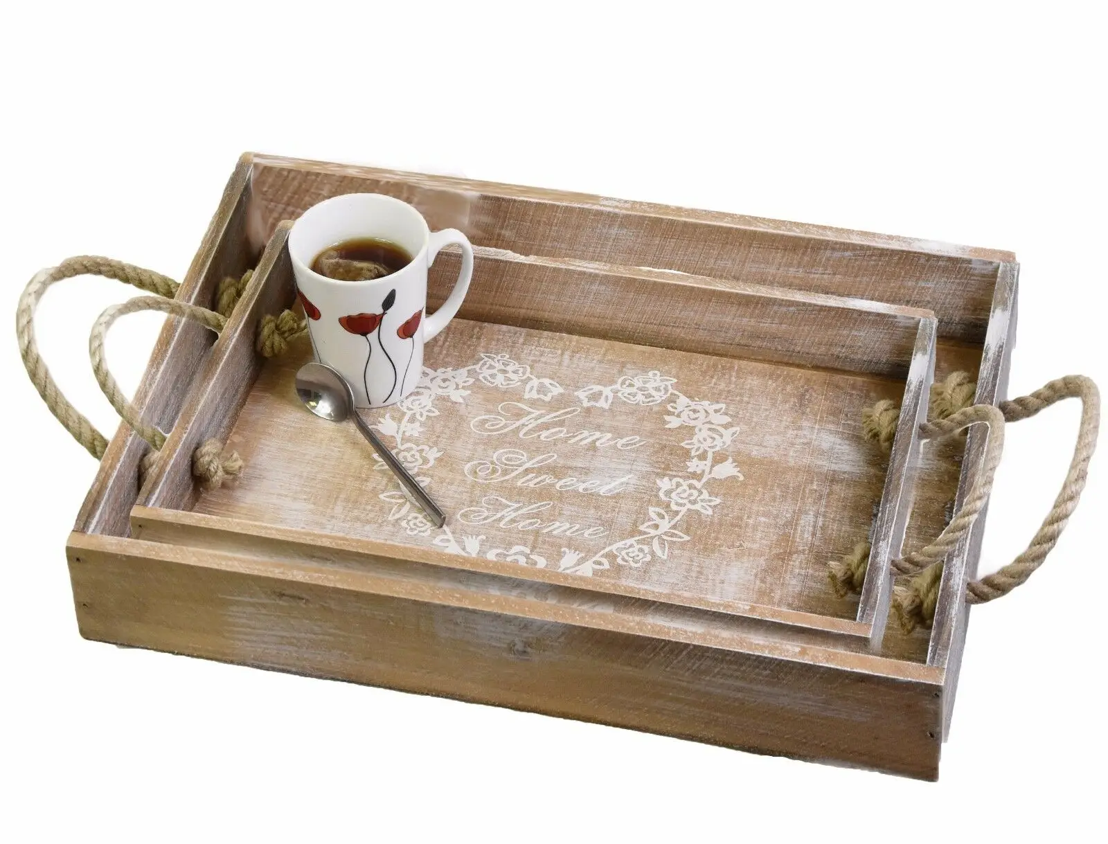 Home Sweet Home Wooden Serving Trays With Rope Handle Set Of 2,Wooden