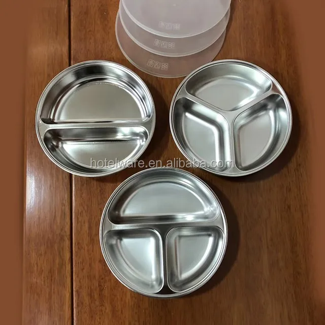 

Factory stainless steel fast food container 6 divided compartment round snack dinner plate tray with clear plastic lid