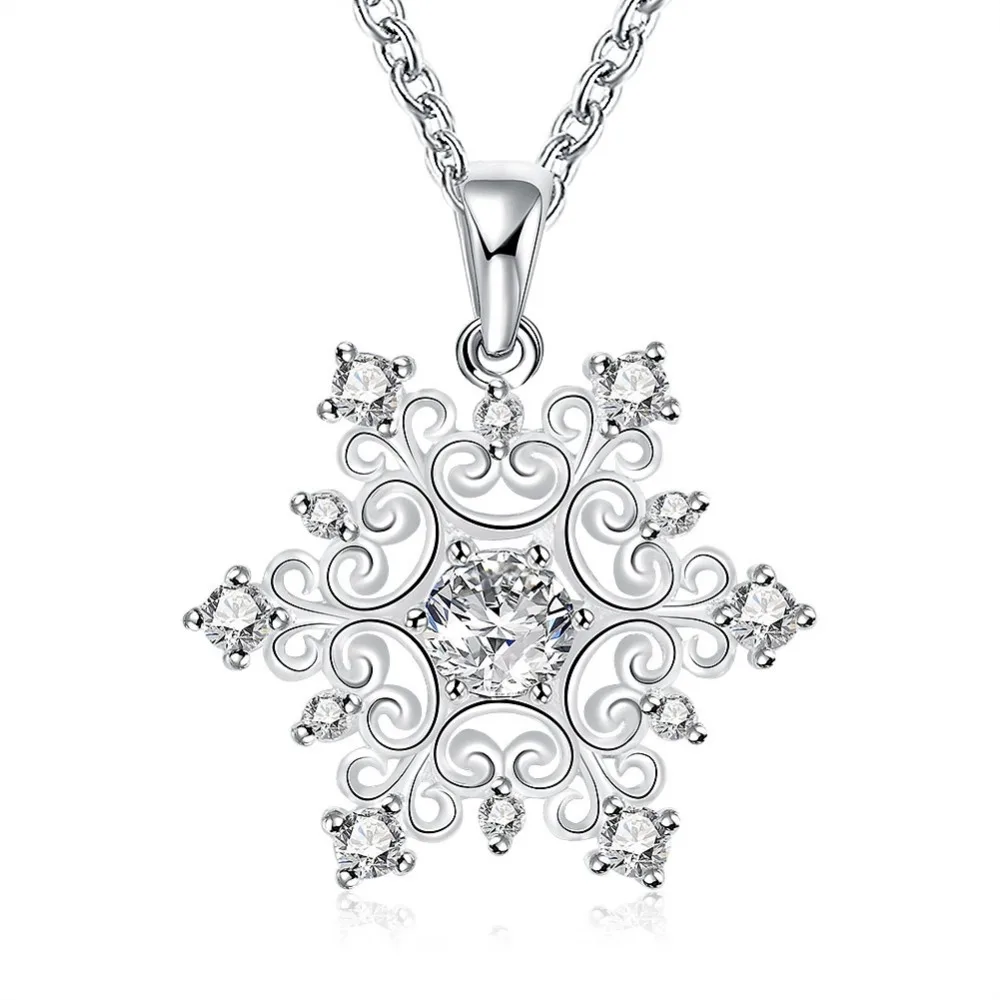 

SJ Best Jewelry Gift Elegant Copper 925 Sterling Silver Plated Pave Clear Cubic Zirconia Women Silver Snowflake Pendant Necklace