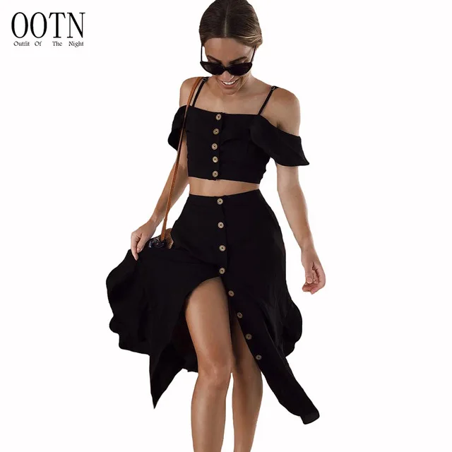 

OOTN Female 2 Piece Suits Sexy Blouse High Waist Midi Skirts Split Women Black Off Shoulder Strap Crop Top Shirts Two Piece Sets