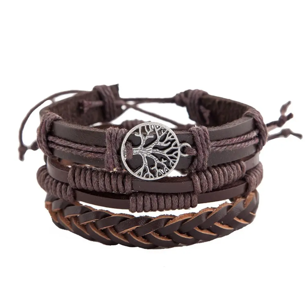 

Hot Sell New Fashion Wristband Tree Of Life Vintage Jewelry Braided Multilayer Leather Bracelets, Brown