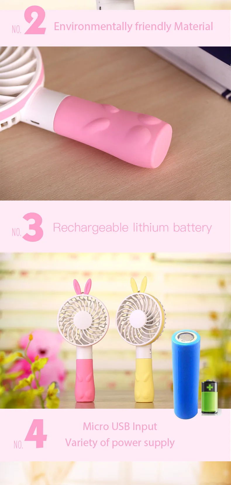 Portable 2 in 1 usb mini fan Motor Better for baby cute rabbit ears handheld mini fan rechargeble battery