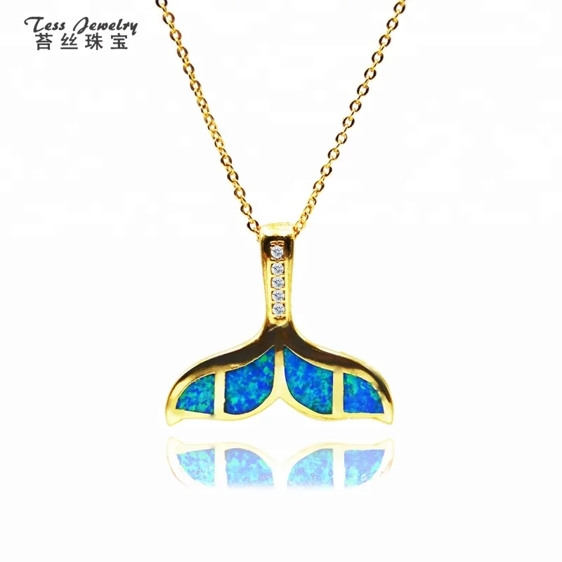 

New Blue Opal Lucky Whale Dolphin Tail Cute animal Fresh Pendant Personalized fashion necklace woman girl love gift, Gold