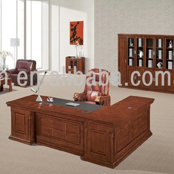 Office Executive L Shape Desk Walnut Wood Veneers With Leather