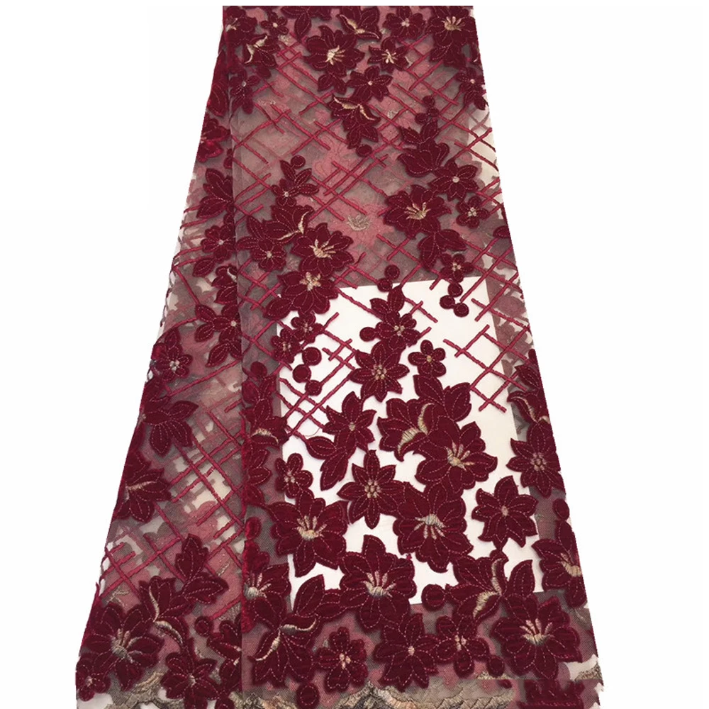 

Beautifical tulle lace burgundy velvet african fabric new velvet lace ML44N142, Can be customized