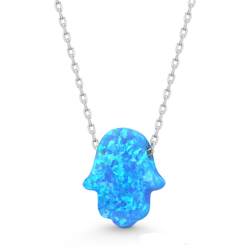 

11 *13 MM Blue Fire Opal Hamsa Hand Gemstone Necklace Luck Wholesale jewelry, Silver