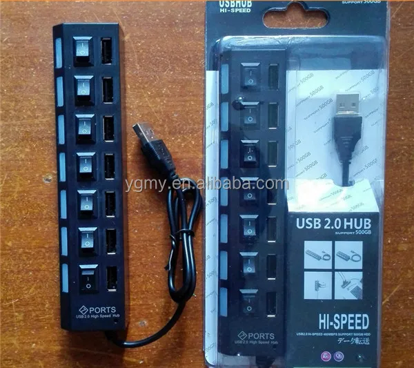 

Coming High Speed 7 Ports LED Splitter Light USB 2.0 Adapter Hub Power on/off Switch For PC Computer, Black and white