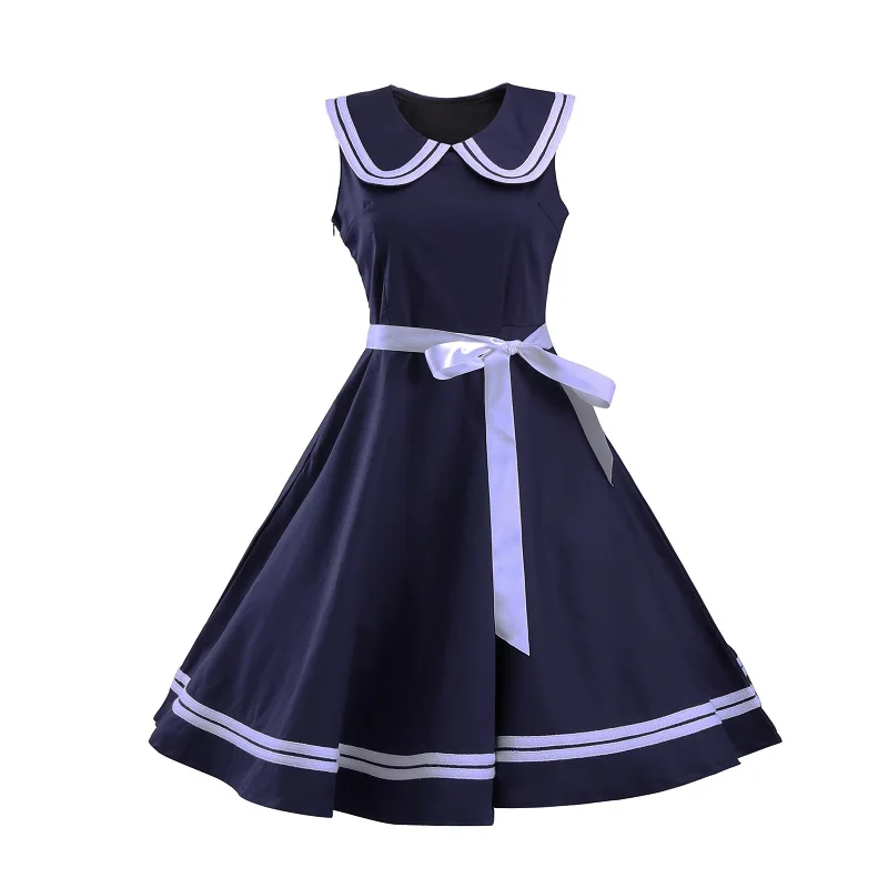 

R&H New Summer red black Sleeveless Stylish Elegant Women' Vintage Navy Style Slim Ball Gown Dress Retro Evening Party dresses, Red;black;blue;navy blue