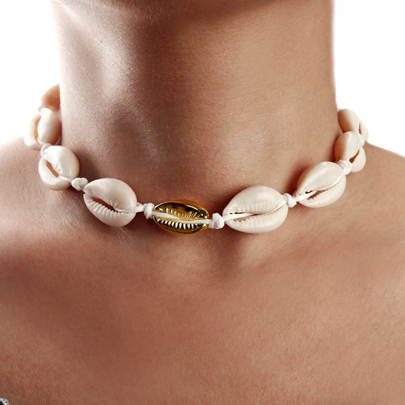 

Yiwu 2019 Summer Beach Wind Fashion Seashell Necklace Geometric Gold Cowrie Shell Necklace Choker, As pictures
