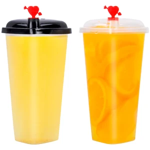 Image of OEM Boba Bubble Tea Cup PP Plastic Smoothie Milkshake Cup with Heart Stopper Lids For Cold or Hot