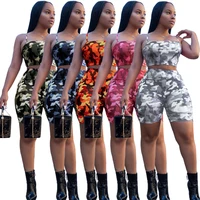 

M6019 New Arrivals Fashion Women Spaghetti Strap Sleeveless Crop Tops Short Pants 2 Pieces Set Camouflage Romper Jumpsuit
