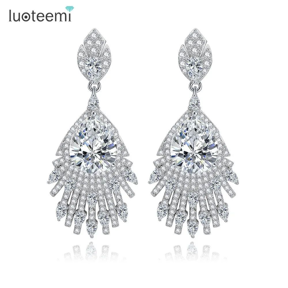 

LUOTEEMI New Arrival Vintage High Quality White Gold Plated Waterdrop CZ Women Fashion Earrings, N/a