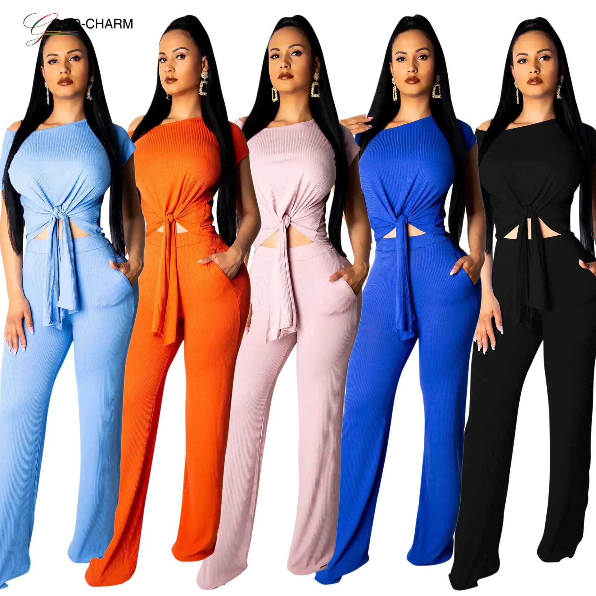 

*GC-66862310 2022 Wholesale sexy skew collar lacing up women striped wide leg pants two piece set clothing African clothing