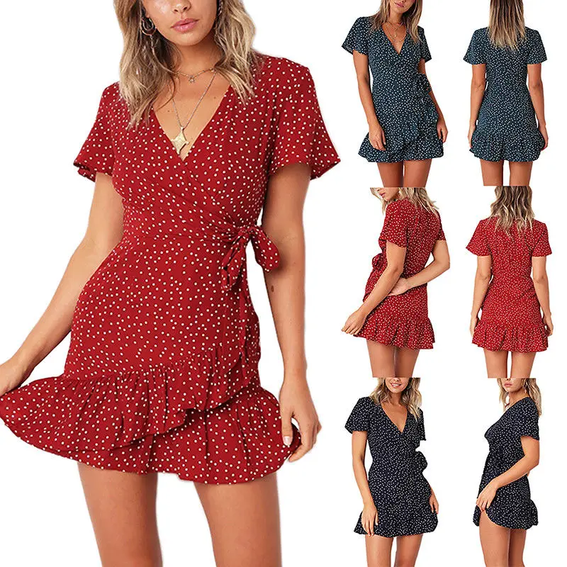 

Women Summer Polka Dot Mini Dress Ladies V-neck Ruffles Short Wrap Tea Dresses