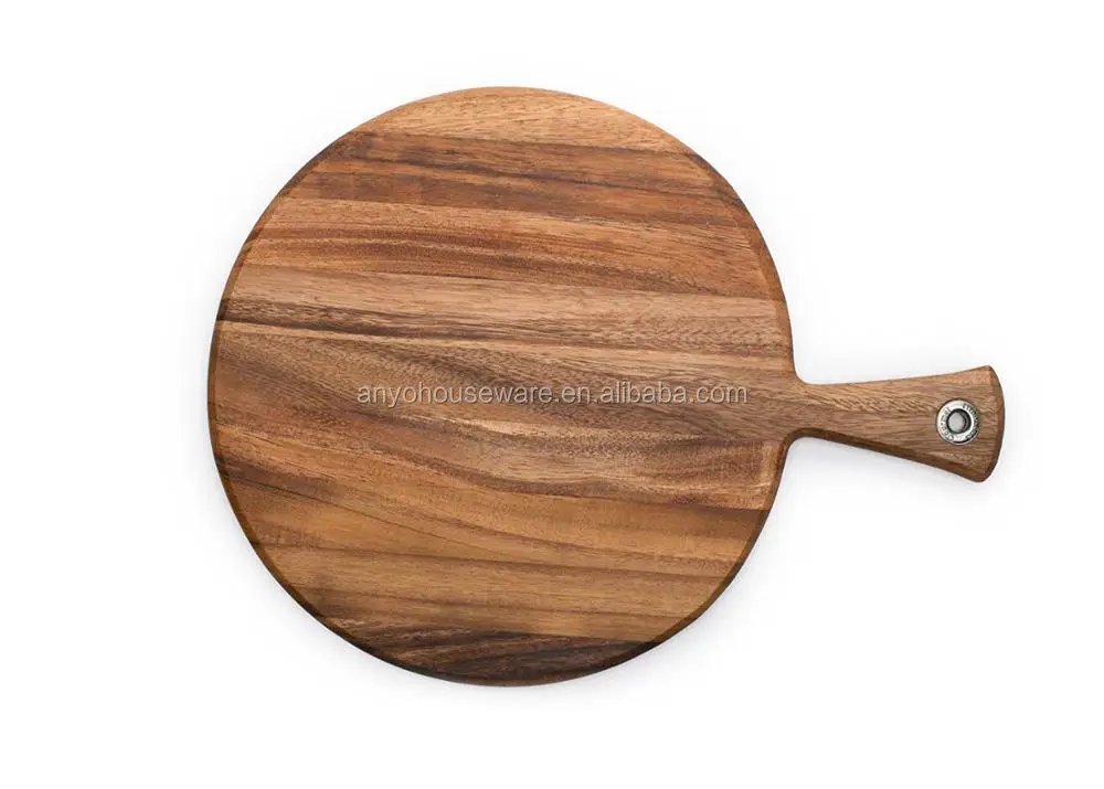 Round Shaped Acacia Wood Pizza Peel Serving Cheese Cutting Board With