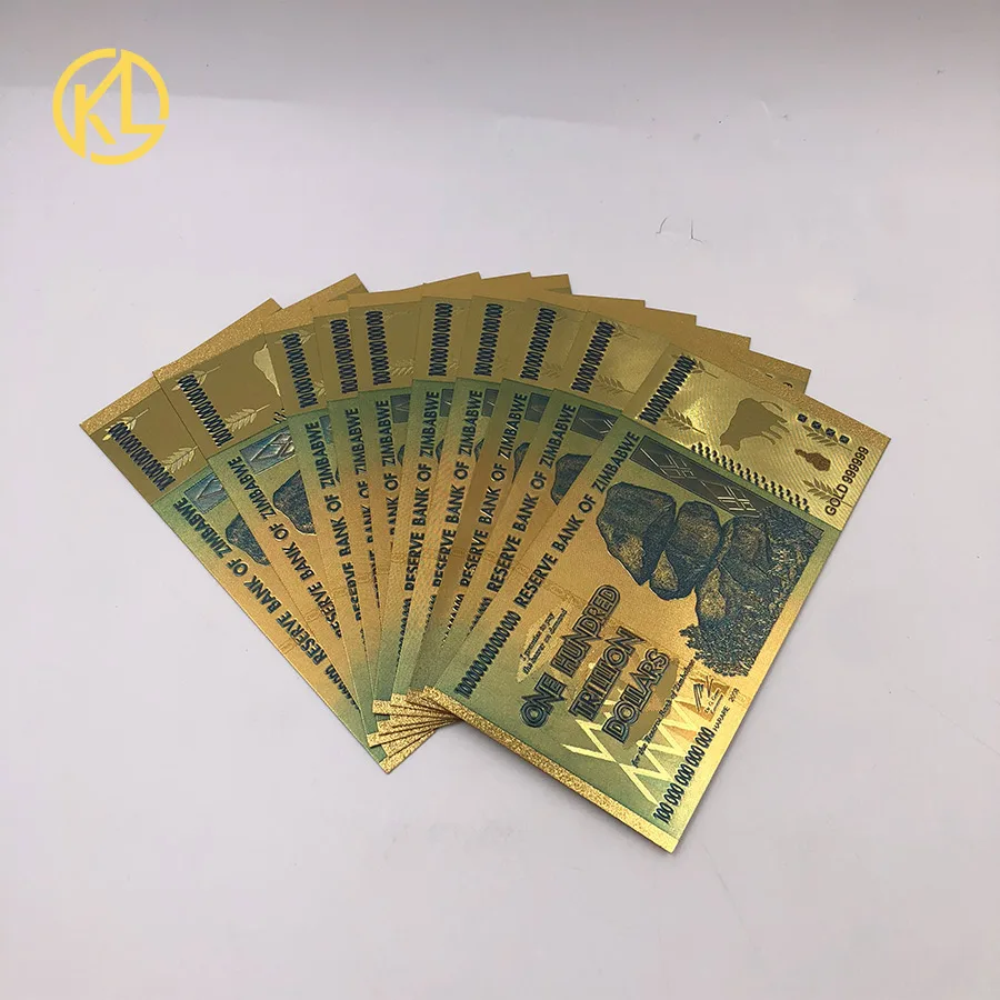 

1000pcs/lot Zimbabwe One Hundred Trillion Dollars Gold Banknote in 24k Gold Plated With 999 Gold banknote