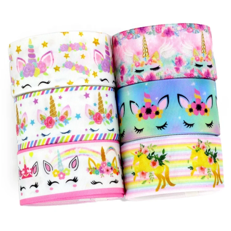 

Wholesale 3 Inch Polyester Grosgrain Ribbon Printing Cartoon Unicorn for Hair Bow, Customized color