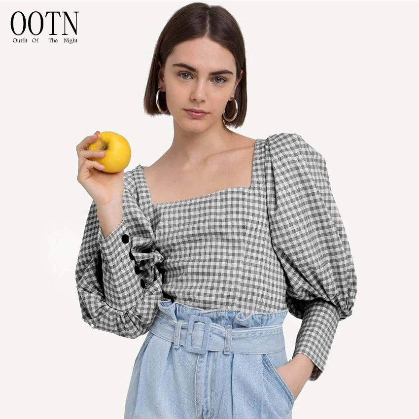 

OOTN Lantern Sleeve Vintage 2019 Fashion Square Collar Gingham Tops Ladies Casual Black White Plaid Shirt Women Office Blouse