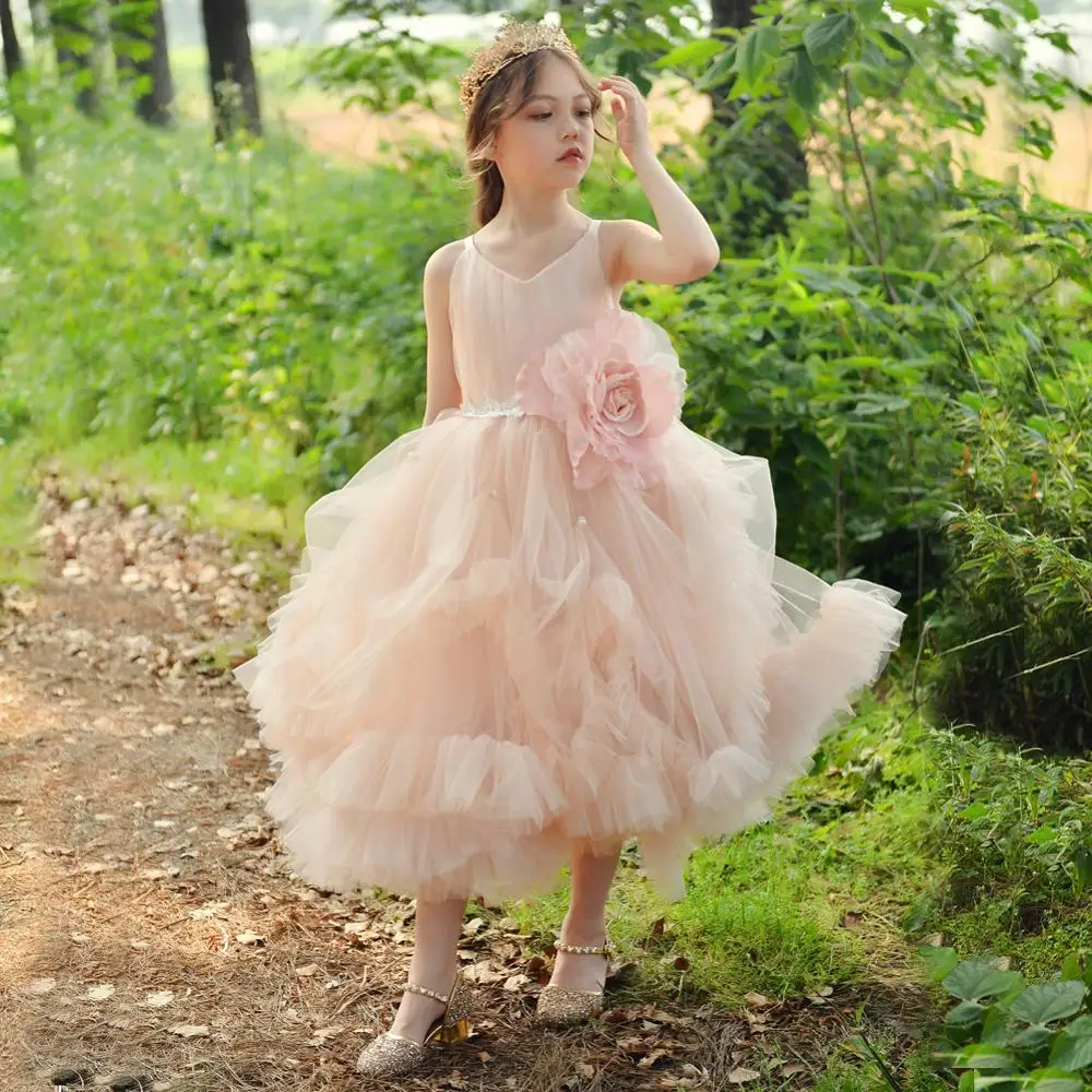

Girls Pageant Dresses Ruffled tulle Long Ball Gown Floor Length Birthday Party Flower Girl Dress rockabilly cocktail dress, Pink