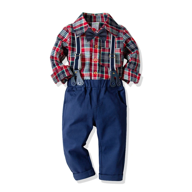 

DR20A006 New Arrival Fashion Plaid Shirts + Suspenders Pants Denim Jeans 4PCS Sets