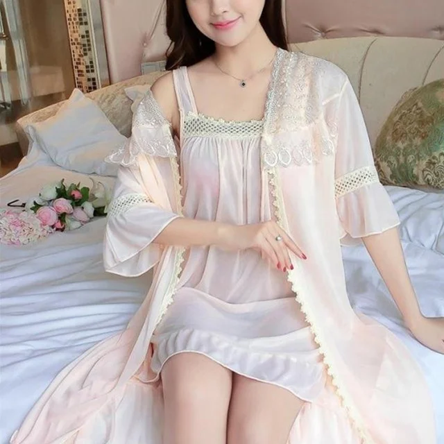 

Wholesale 2Pcs Lace Sleepwear Female Sexy lingerie Pajamas Dresses Bathrobe Ice Silk Satin Nightdress For Sexy Enchanting Women, As picture