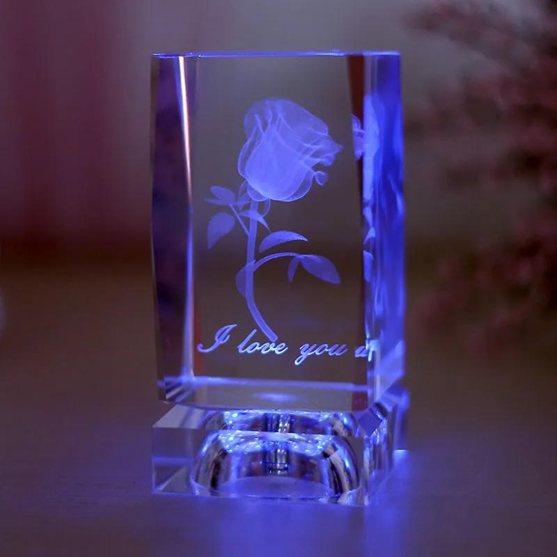 3d Laser Engraved Crystal Glass Rose Flower Cube With Led Light Base For Wedding Souvenirs