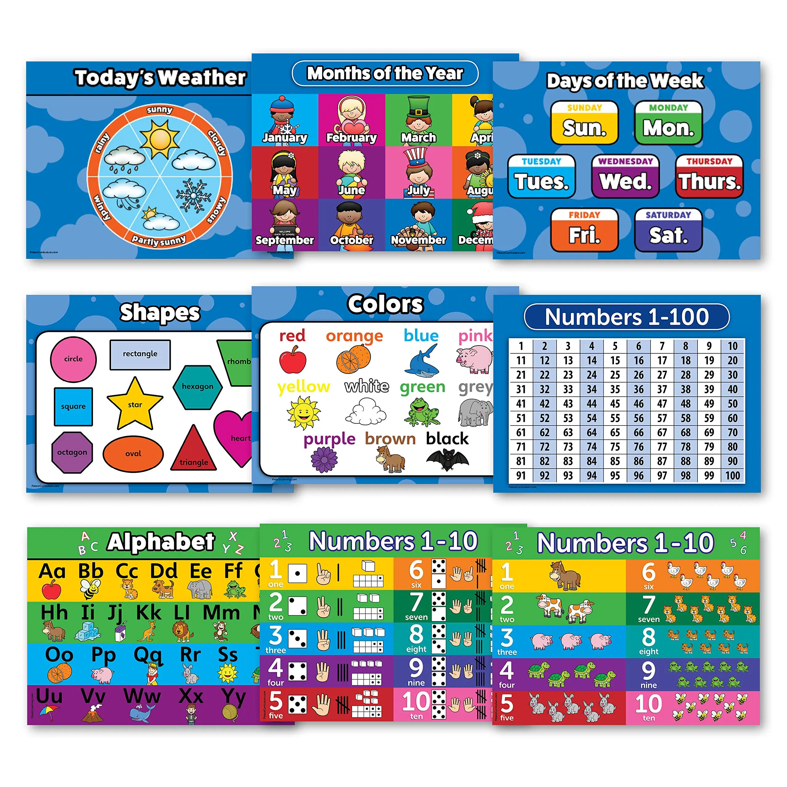 Toddler Learning Poster Kit Set of 10 Educational Wall Posters for Preschoo...