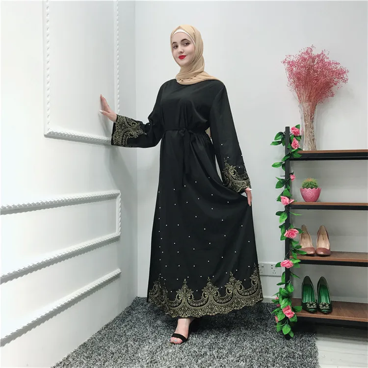 

Fashion design islamic pearl and lace luxury full length EID muslim maxi dress abaya with belt, Black