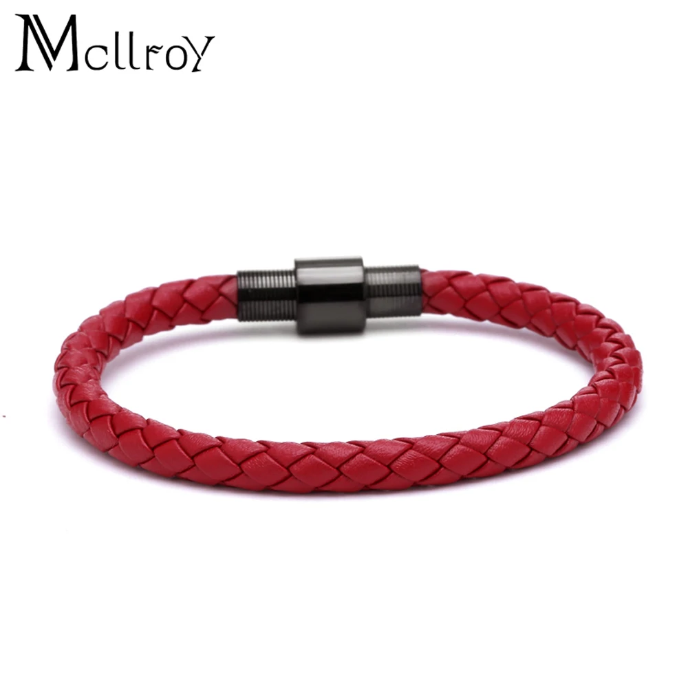 

MCLLROY simple design genuine leather bracelet rope braided bracelet titanium steel button cuff bracelet