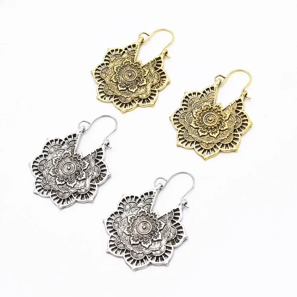 

2 Style Vintage Style Fish Hook Earrings European Carved Flower Ethnic Hoop Earrings, Silver;gold
