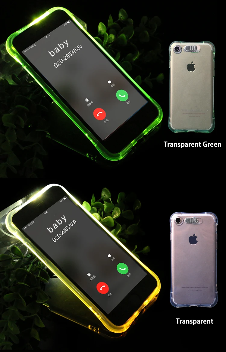 Luxury Led Flash Glitter Clear Green Light Phone Case For Iphone X 5 5s