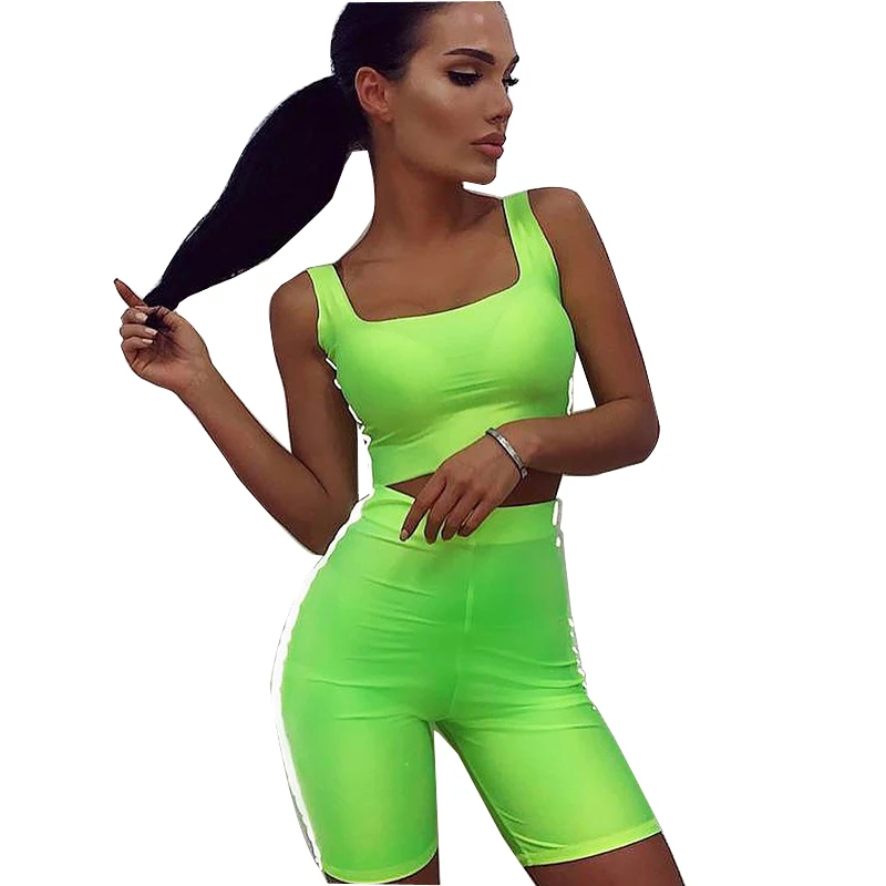 

2019 New Womens Sexy Crop Tops Fitness Shorts Street Outfit 2 Piece Bodycon Reflective Tracksuit Ladies Swimwear Sportswear, Colorful
